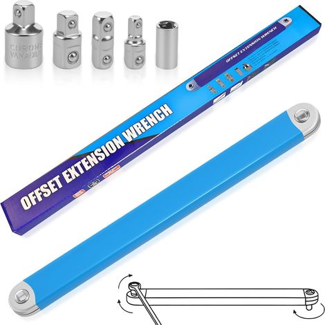 Jeu de clés d'extension offset de 39 cm avec 5 adaptateurs Offset Extension Wrench pour visseuse à percussion et visseuse pneumatique Outil de voiture pour espaces moteurs étroits Alliage (1/5)