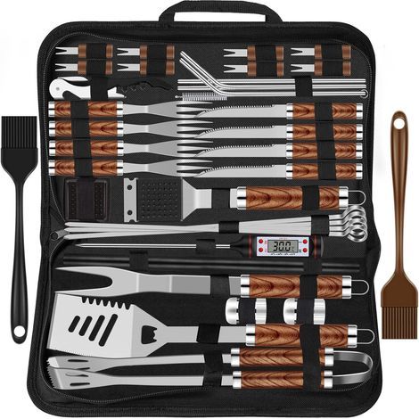 38-teiliges Grillzubehör-Set aus Edelstahl für Herren, hochwertiges Grillbesteck-Set mit Tasche und Matte für Camping, Braun (1/5)