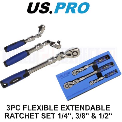 US PRO RATCHET SET 3PC REVERSIBLE FLEXIBLE HEAD TELESCOPIC 1/4"" 1/2"" 3/8"" 4206 (1/4)