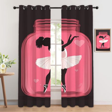 Rideau Occultant Ballerine - Décoration Ballerine, Rideau Thermique Motif Fille Danseuse Ballet Noire, Lot de 2 Rideaux Opaque à Oeillets pour Fenetre Chambre Salon, 140x160 cm (LxH) - 2x L 140 X H 16 (1/5)