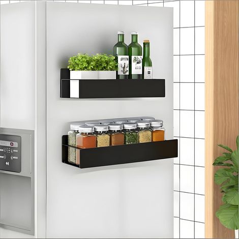 Étagère Magnétique Frigo, Lot de 2 Etagere Aimantée pour Frigo avec 4 Crochets, Métal Porte Épices Magnétique Range Epices Aimanté pour Rangement et Organisation de la Cuisine, Noir (1/5)