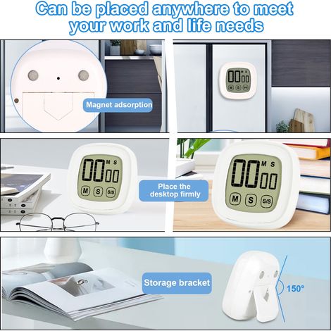 Timer digitale da cucina, ampio display touchscreen con allarme sonoro, coperchio posteriore magnetico, supporto regolabile, ideale per cucinare, preparare dolci e leggere (bianco) (1/4)