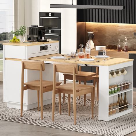 Kücheninsel mit Rollen, ausziehbar, 58 bis 154 x 80.5 x 94 cm, MDF und PB, Weiß (1/5)