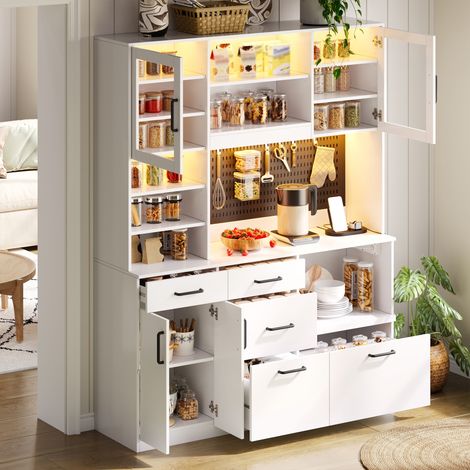 Meuble cuisine haut 145x40x185cm buffet vaisselier avec prise électrique led plan de travail et 5 tiroirs - mdf - blanc (1/5)