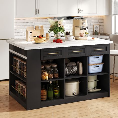 Îlot de cuisine avec table escamotable intégrée, rangement double face et effet marbre blanc (1/5)