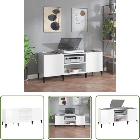 The Living Store Armoire à disques blanc brillant 121x38x48 cm bois d'ingénierie - Meuble À Disques - Armoire Vinyle - Rangement Disque - Étagère Musique - Support Tourne-disque (1/5)
