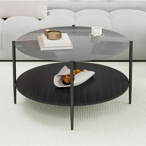 Tavolino da caffè rotondo 82 cm, doppio livello, vetro nero e legno, moderno minimalista HAVRYA (1/5)