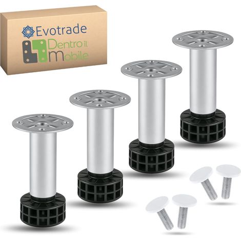 4 Pieds ⌀28 Mm H 12 Cm Universels Réglables En Acier Zingué Pour Plinthe De Cuisine – Vis Et Cache-Vis Blancs Inclus – Hauteur Réglable +2 Cm (1/5)
