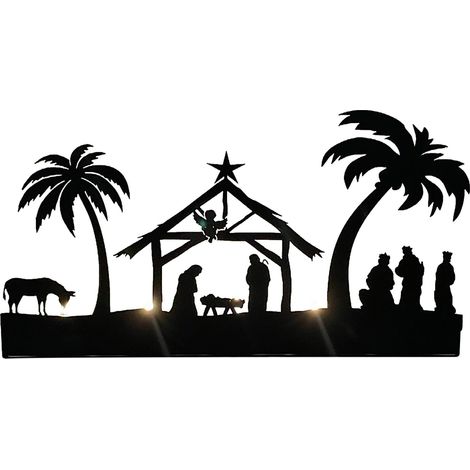 Support Lumineux Noël - Support Métallique avec Socle Bois - Pour Bougie ou Lampe LED - Scène Bethléem - 29.5 x 6 x 16 cm - 1 Pièce