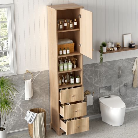 Colonne de salle de bain MDF coloris naturel 40 cm avec 3 tiroirs, 1 placard et 2 niches ouvertes (1/5)