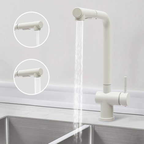 Grifo de cocina con caño extraíble, mezclador de cocina de acero inoxidable, 2 tipos de chorro, giratorio 360°, acero inoxidable cepillado, blanco (1/5)