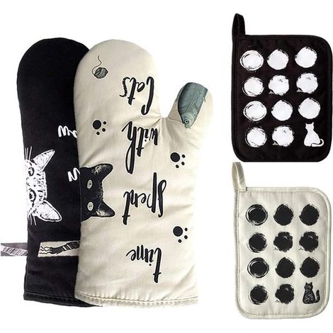 Guantes de cocina y agarradera de algodón con estampado de gato para cocinar y hornear. (1/5)