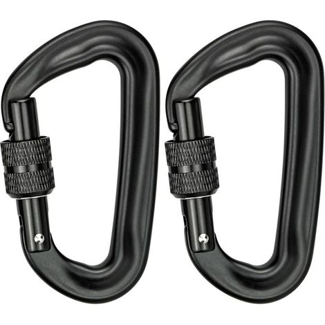 2 mousquetons d'escalade 12KN (1200 kg) mousquetons en aluminium robustes mousquetons de verrouillage en forme de D pour hamac Yoga balançoire camping porte-clés serrure (noir)