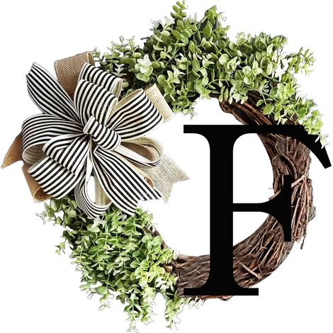 Couronne de porte avec lettre en bois, modèle F en plastique et bois vert, dimensions 36x36cm avec corde d'attache, pour jardin et salon. (1/5)