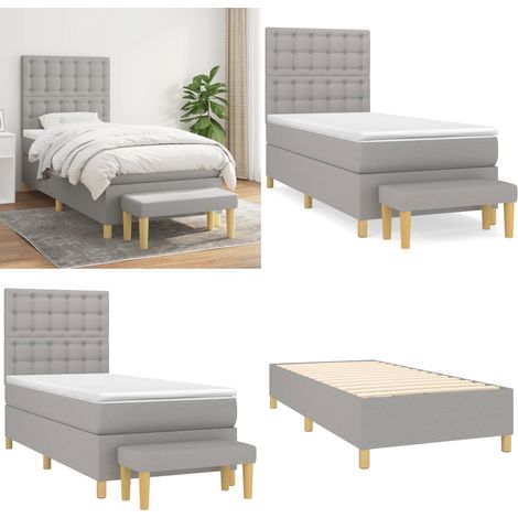 Cama box spring con colchón tela gris claro 100x200 cm - Colchón de muelles - Cama de muelles