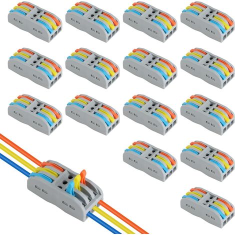 15 Pcs Bornes de Connexion Rapide Spl-3, Connecteurs 3 Entrées 3 Sorties Avec Levier, Bornes électriques Réutilisables Pour Câbles 0,08–4 Mm², Raccordement Sans Outil Pour Maison, Voiture, LED (1/4)