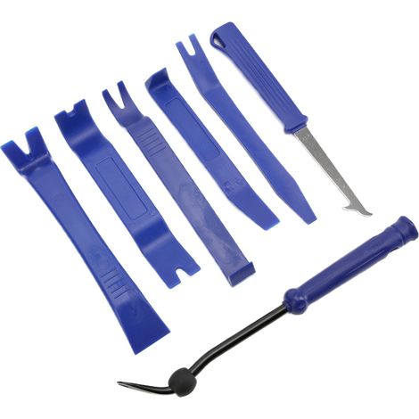 Kit de démontage audio 7 pièces comprenant un levier pour garnitures de voiture, autoradio, portières, tableau de bord et panneaux, et un outil de nettoyage pour pneus. (1/5)