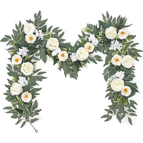 Künstliche Blumen Girlande Eukalyptus mit Pfingstrosen, 2 Stück, 200cm, Weiß (1/5)