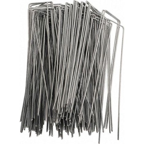 Lot de 100 piquets de jardin en acier galvanisé en forme de U pour toile de paillage gazon en rouleaux et décorations paysagères - Épaisseur : 25 mm (1/5)