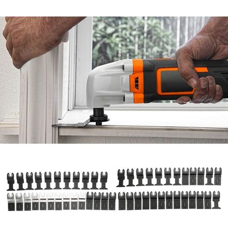 SJLERST 50 Pièces Lames de Scie Oscillantes, Lame Oscillante Outil Multifonction en Acier au Carbone pour Plastique Bois Métal Universelle (1/5)