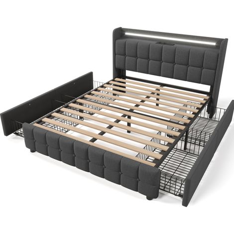 Cama tapizada gris con arcón 160 x 200 cm, LED, puertos USB y 4 cajones (1/5)