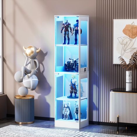 Vitrine à quatre niveaux avec espace de rangement, éclairage LED, portes vitrées et capteurs intelligents. Idéale comme vitrine anti-poussière pour le salon, la chambre et le bureau. Blanche. 40 x 35 