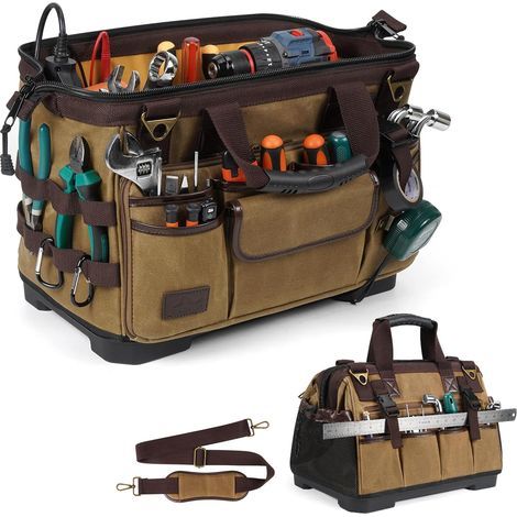 16 pouces grands sacs à outils électricien pour hommes lourds, 31 poches Vintage ciré toile sac à outils organisateur de stockage avec imperméable dur fond, large bouche sac à outils portable (1/5)