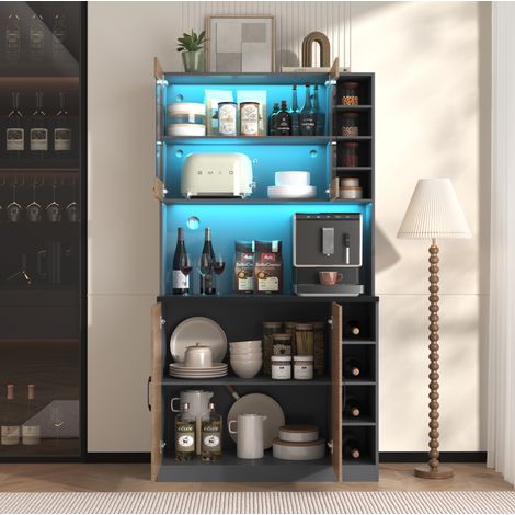 Credenza alta da cucina 100x47x187 cm in legno grigio e naturale con vano contenitore FloraGrace (1/5)
