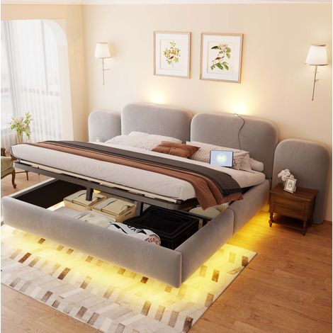 Letto imbottito 180/200 cm grigio in velluto con vano idraulico, LED RGB e prese USB/Type-C (1/5)