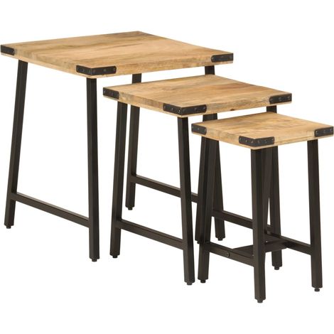 3 pcs Tables basses，Table d'appoint，Table de Salon gigognes bois massif de manguier et fer CFW50335 (1/5)