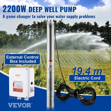 Pompe Immergée pour Puits Profond, 2200 W, Pompe à Eau en Acier Inox, Débit 9,8 m³/h, 144 m, avec Cordon Électrique 19,4 m, Boîtier de Commande Externe, IP68 pour Maison, Irrigation Industrielle (1/5)