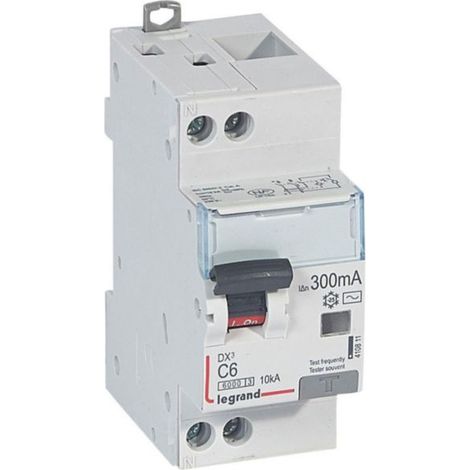 Disjoncteur différentiel monobloc DX³6000 10kA arrivée haute et départ bas à vis U+N 230V - 6A - typeAC 300mA - LEGRAND