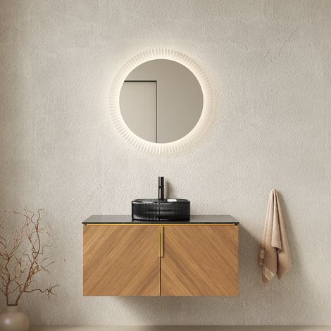 Rangement optimisé : Meuble salle de bain suspendu 91cm avec vasque verre noir, 2 portes soft close, pour robinet surélevé (1/5)