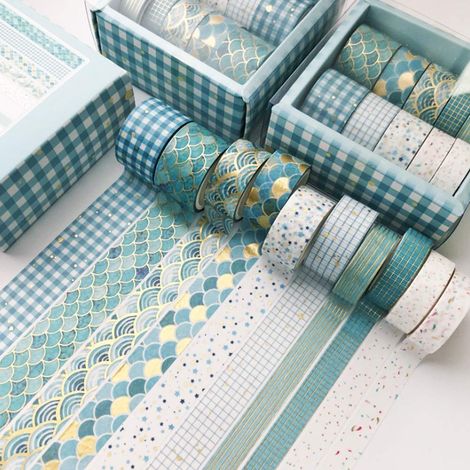 Lot de 10 rouleaux de ruban adhésif décoratif japonais Washi, motif géométrique doré, en 3 tailles différentes.