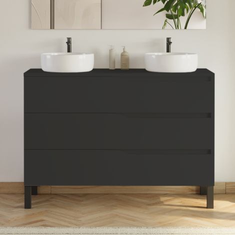 Meuble de salle de bain 120cm avec plateau et 2 vasques à poser Ares - 3 tiroirs - sans miroir - noir - MATA (1/3)