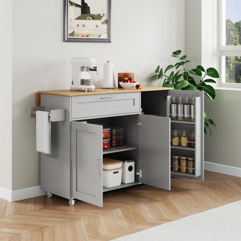Îlot de cuisine mobile 132,5 x 44 x 90 cm plateau rabattable, meuble rangement, porte-épices, porte-serviette, 5 roulettes. (1/5)