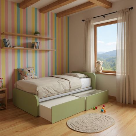 Letto singolo con cassetti 80x190 per cameretta - Design personalizzabile - Salvia
