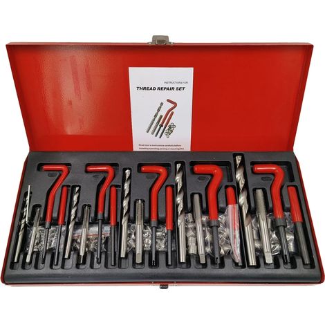 Kit de herramientas para reparación de roscas, 131 piezas, incluye machos de roscar y brocas HSS, color rojo. (1/2)