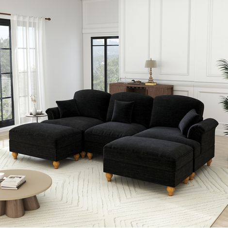 Divano modulare a U in ciniglia nero con gonna rimovibile e pouf mobile, look elegante e comfort profondo,272x140x93 cm (1/5)