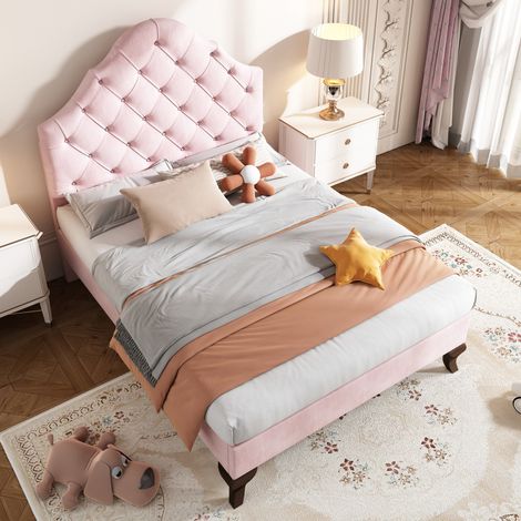 Polsterbett 90/200 cm rosa aus Samt mit höhenverstellbarem Kopfteil (1/5)