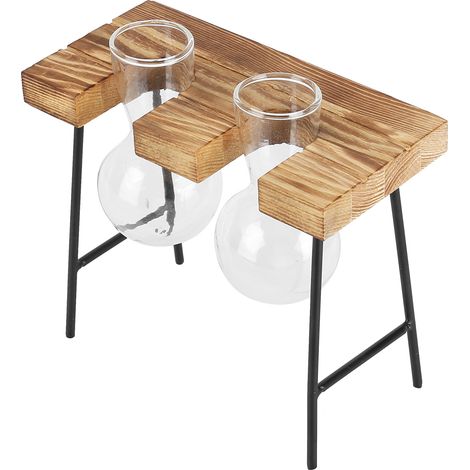 Pot de fleurs de bureau en verre avec support en bois, vase en verre pour plantes hydroponiques, idéal pour la maison, le bureau et le jardin (2 bouteilles). (1/5)
