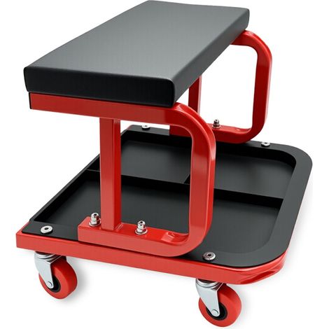 Sgabello da officina Relaxdays con ripiano, fino a 100 kg, seduta comoda, 4 ruote, sgabello da montaggio, nero-rosso