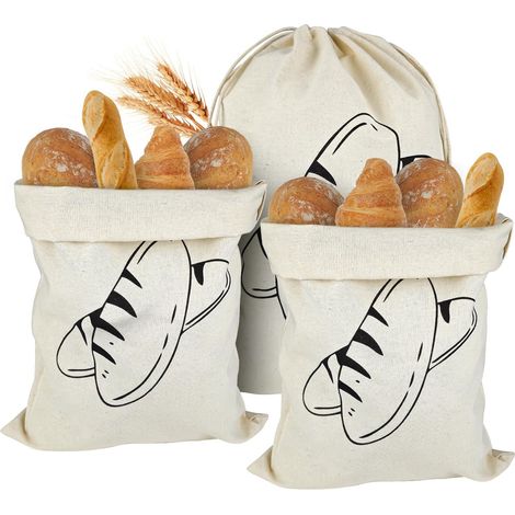 Ensemble de sacs à pain en lin, 40x30 cm – réutilisables, avec double cordon de serrage – parfaits pour conserver le pain (1/5)