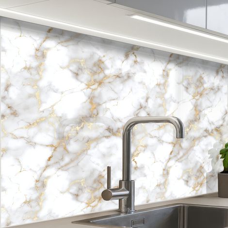 REVETEMENT MURAL DE CUISINE, CRÉDENCE DE CUISINE Veines d'or - Marbre - Blanc 80x60 cm (1/5)