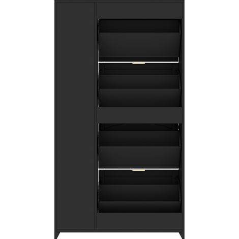 Meuble à chaussures moderne avec miroir, 4 compartiments de rangement rabattables, étagère réglable derrière le miroir droit, idéal pour l’entrée, noir, dimensions: B80/H147/T24 cm (1/5)