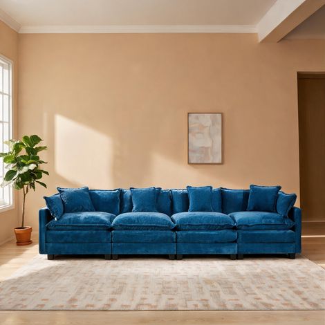 Canapé modulable 4 places en tissu chenille bleu 75 x 380 x 84 cm (1/5)