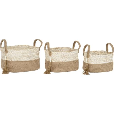 Panier rangement naturel en maïs tressé et jute élégant - Naturel beige et marron clair (1/4)