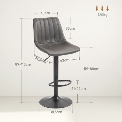 Lot de 2 tabourets de bar rétro réglables en hauteur avec repose-pieds, microfibre gris foncé (1/5)