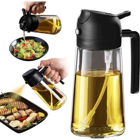 Ecleanfy - Flacon pulvérisateur d'huile d'olive 47 cl - Distributeur d'huile d'olive 2 en 1 pour accessoires de cuisine - Ustensiles de cuisine pour friteuse à air (Noir) (1/5)