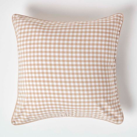HOMESCAPES Cotton Gingham Check Beige Cushion Cover, 60 x 60 cm